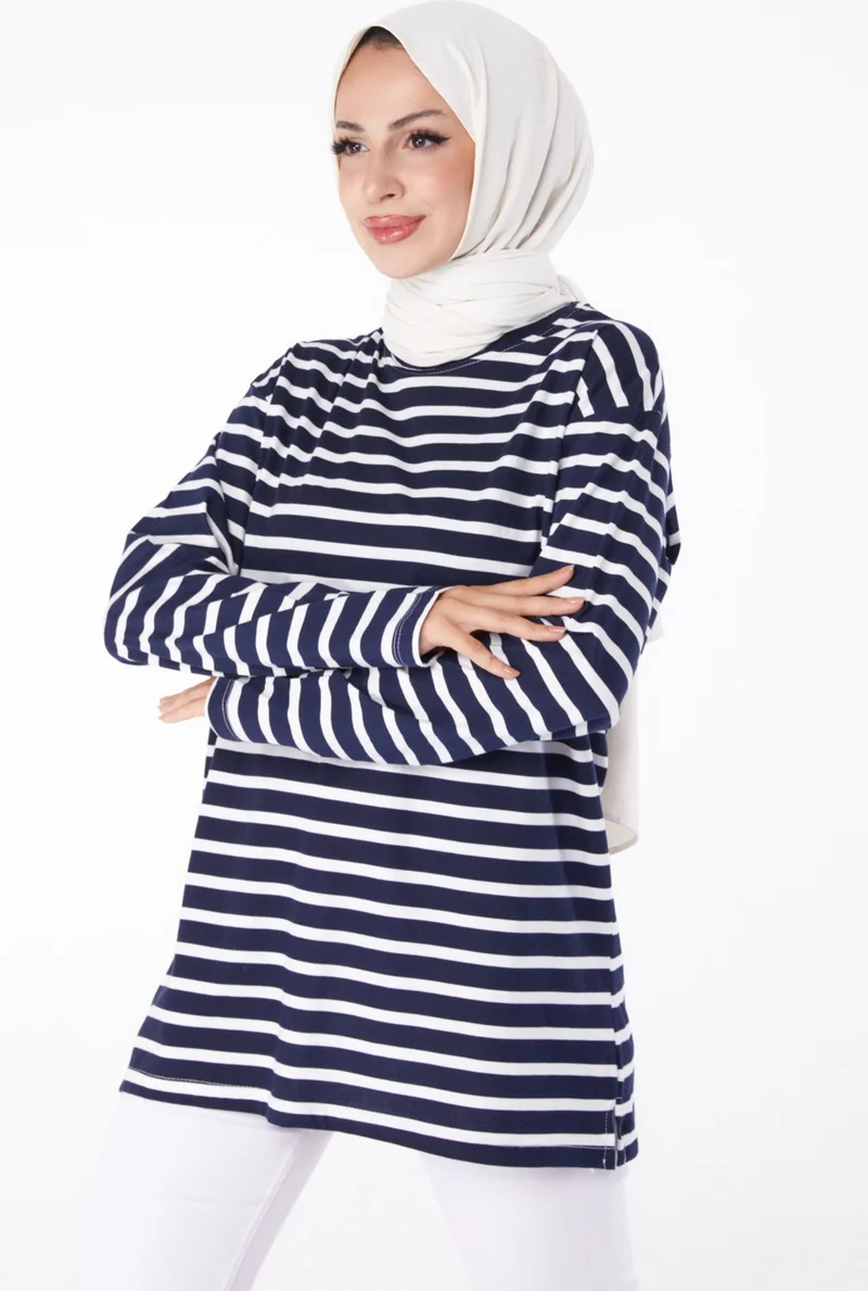 Tofisa Plain Crew Neck Women's Navy Blue Striped Sweat - 26244