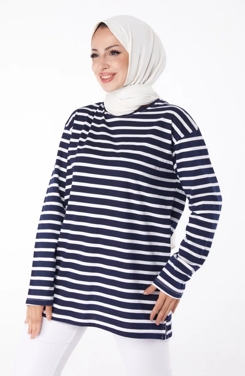 Tofisa Plain Crew Neck Women's Navy Blue Striped Sweat - 26244