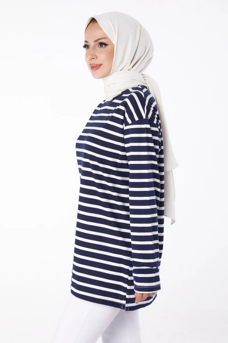 Tofisa Plain Crew Neck Women's Navy Blue Striped Sweat - 26244