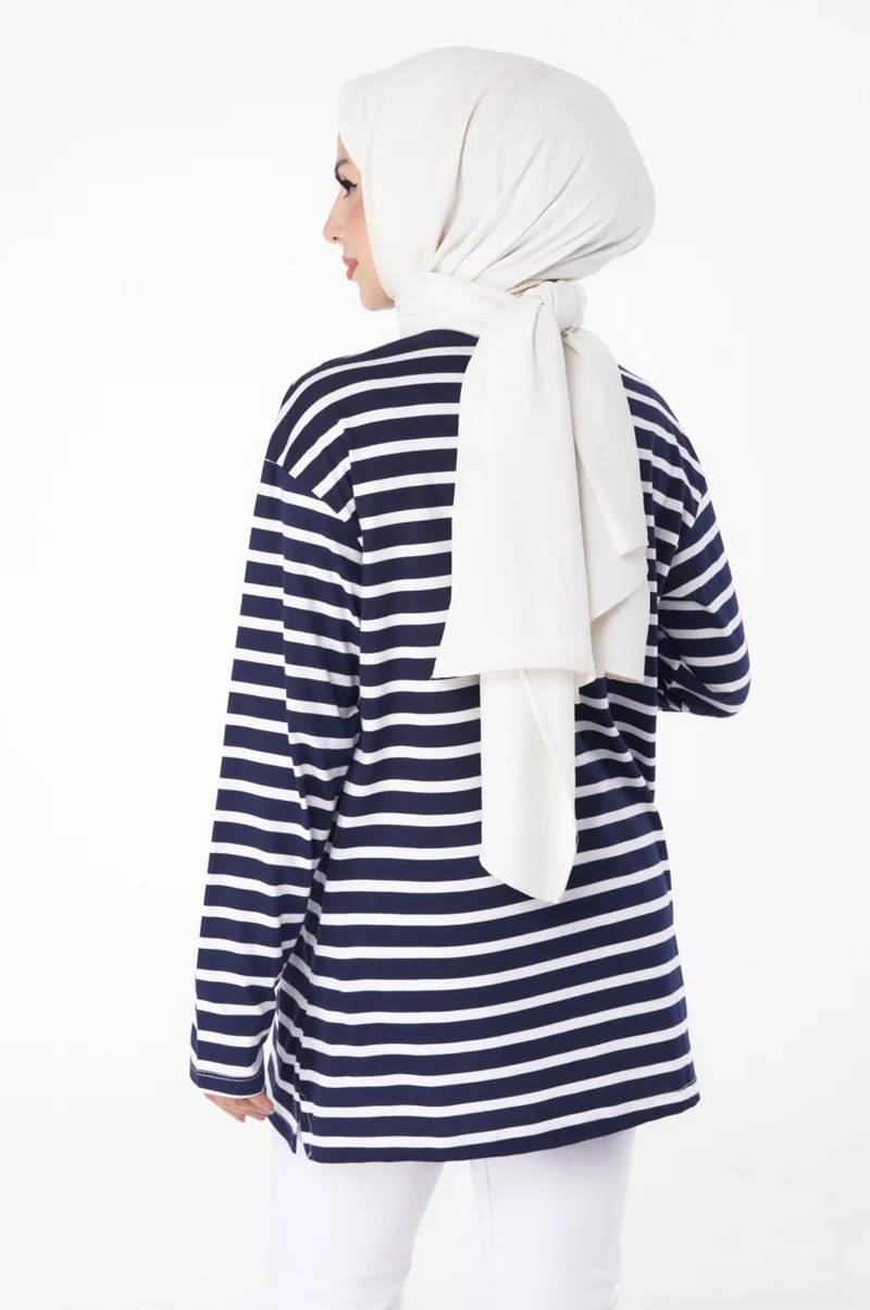 Tofisa Plain Crew Neck Women's Navy Blue Striped Sweat - 26244