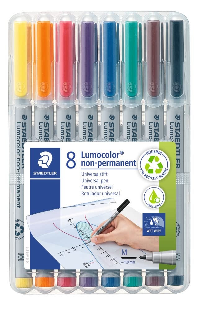 STAEDTLER Lumograph Non-Permanent Wet Erase Marker Pens, Medium Tip Refillable Colored Markers, 8 Pack, 315 WP8 - Image 1