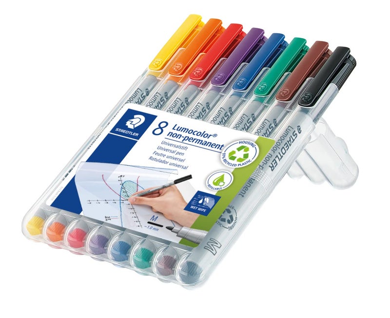 STAEDTLER Lumograph Non-Permanent Wet Erase Marker Pens, Medium Tip Refillable Colored Markers, 8 Pack, 315 WP8 - Image 2