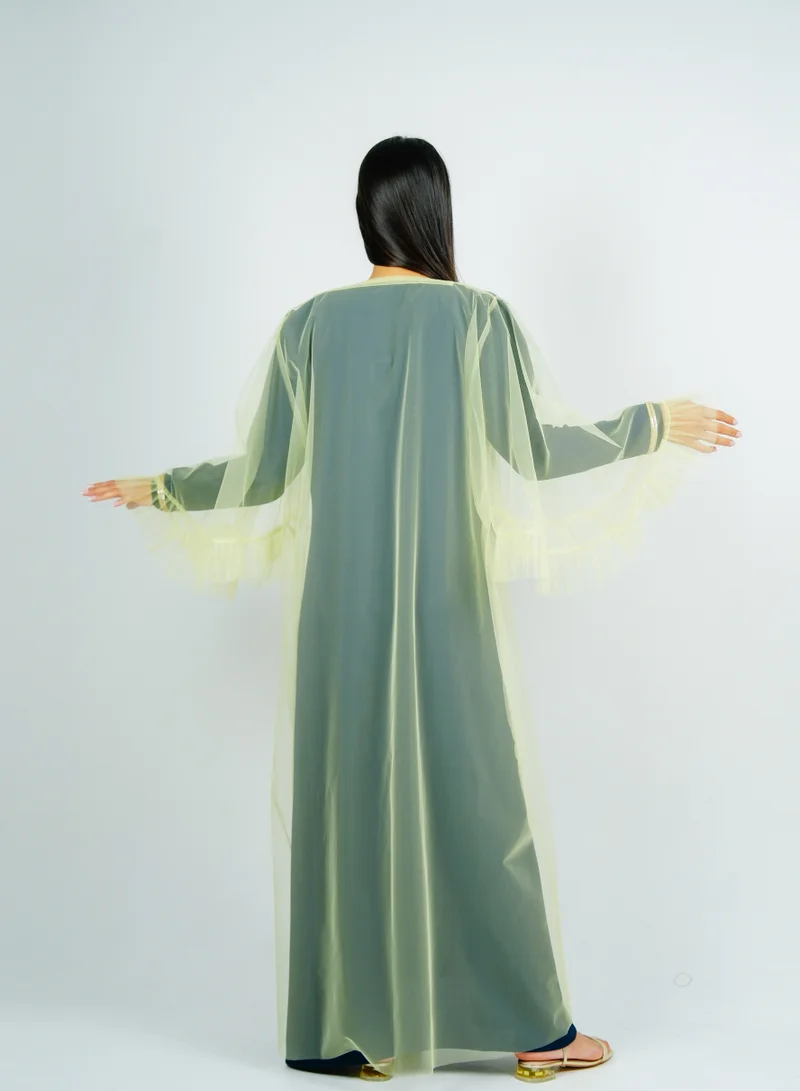 Rosette Abaya  Jalabiya with golden Talli embroidery & Set Tulle Jacket delicate ruffle Sleeves for Women | Best Price UAE