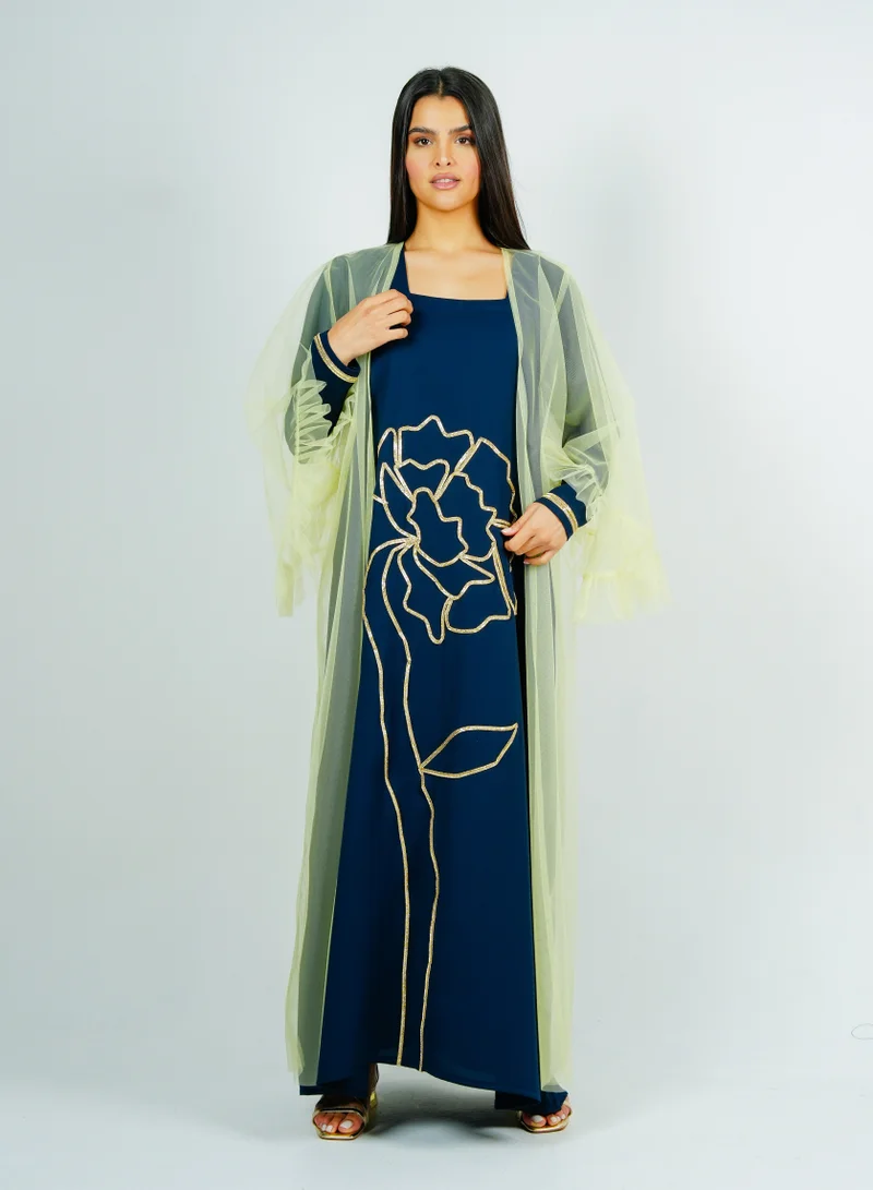 Jalabiya with golden Talli embroidery & Set Tulle Jacket delicate ruffle Sleeves