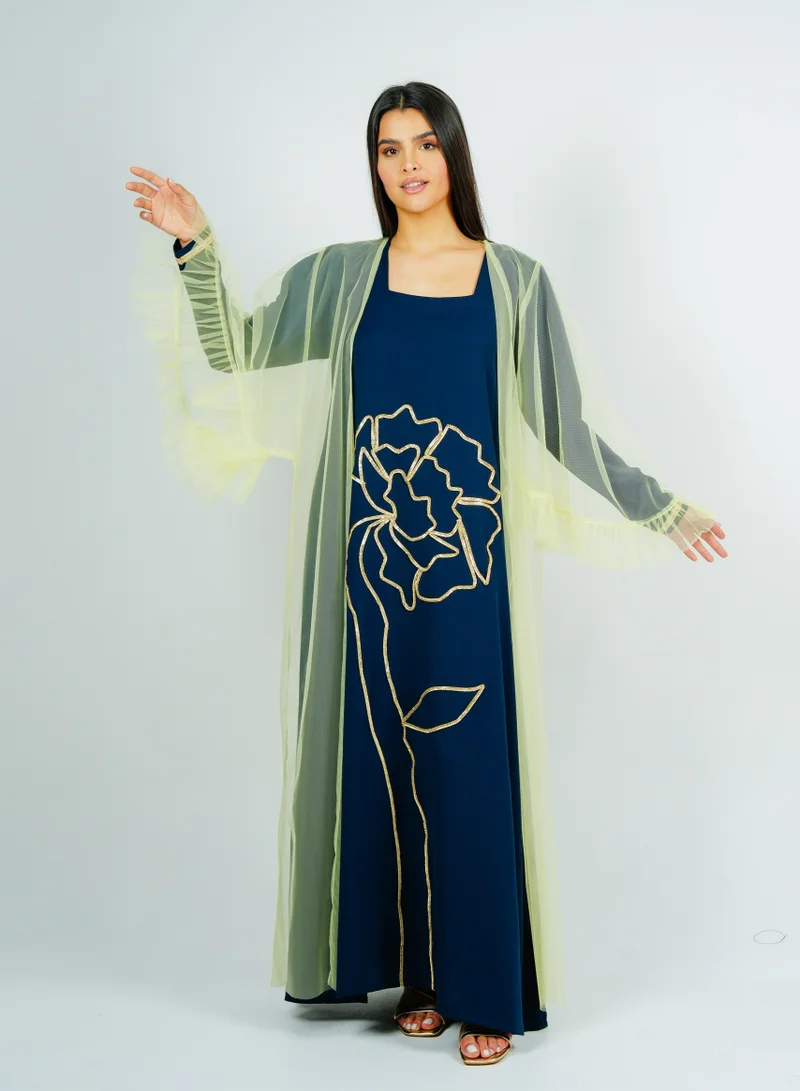 Rosette Abaya  Jalabiya with golden Talli embroidery & Set Tulle Jacket delicate ruffle Sleeves for Women | Best Price UAE