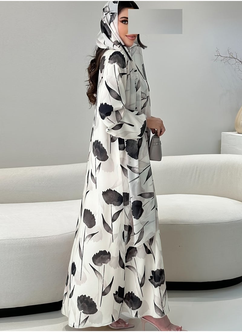 2 pieces Elegant Islamic abaya jalabiya with beautiful floral print and shawl hijab of the same model, suitable for various elegant occasions  - Image 2