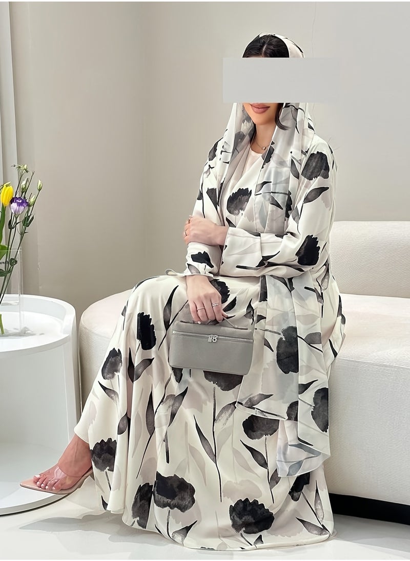 2 pieces Elegant Islamic abaya jalabiya with beautiful floral print and shawl hijab of the same model, suitable for various elegant occasions  - Image 3