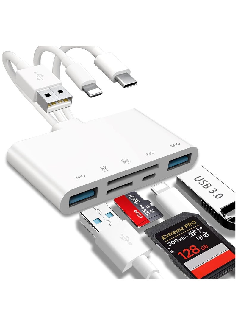 FLOWING SD Card Reader 5-in-1 Memory Card Reader USB OTG Adapter & SD Card Reader for i-Phone/i-Pad, USB C and USB A Devices  - Image 1