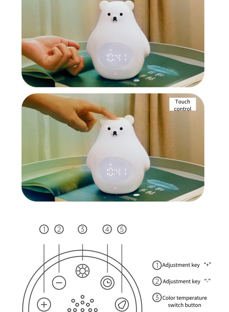 ساعة منبه على شكل دب أبيض مع ضوء ليلي LED - مصباح ساعة رقمية من السيليكون مع تحكم صوتي، إيقاظ باللمس، ضوء سرير قابل لإعادة الشحن للأطفال وغرفة النوم - Image 4