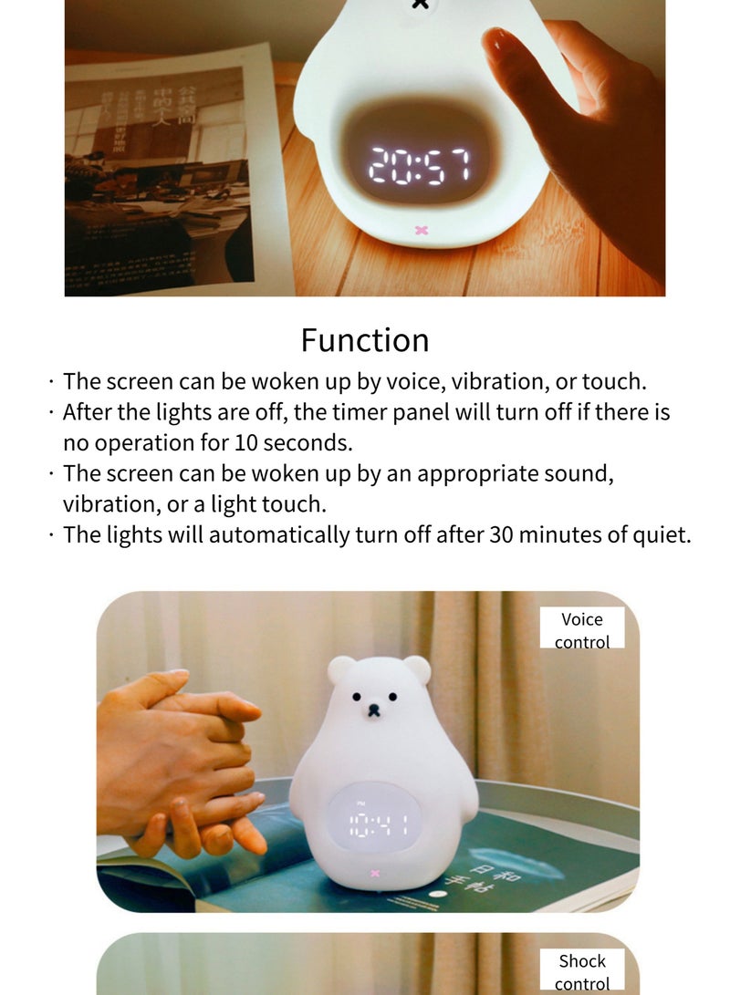 ساعة منبه على شكل دب أبيض مع ضوء ليلي LED - مصباح ساعة رقمية من السيليكون مع تحكم صوتي، إيقاظ باللمس، ضوء سرير قابل لإعادة الشحن للأطفال وغرفة النوم - Image 3