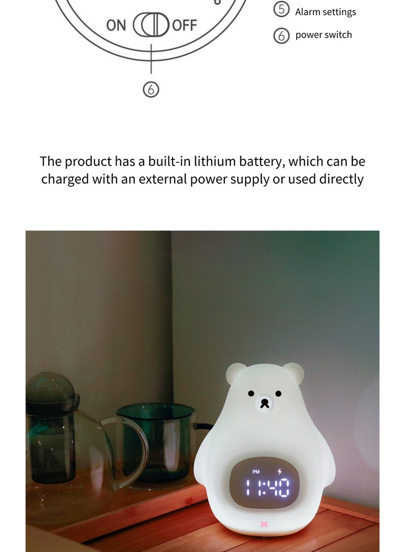 ساعة منبه على شكل دب أبيض مع ضوء ليلي LED - مصباح ساعة رقمية من السيليكون مع تحكم صوتي، إيقاظ باللمس، ضوء سرير قابل لإعادة الشحن للأطفال وغرفة النوم - Image 5