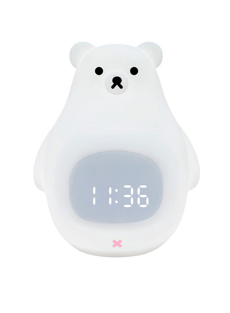 ساعة منبه على شكل دب أبيض مع ضوء ليلي LED - مصباح ساعة رقمية من السيليكون مع تحكم صوتي، إيقاظ باللمس، ضوء سرير قابل لإعادة الشحن للأطفال وغرفة النوم - Image 1