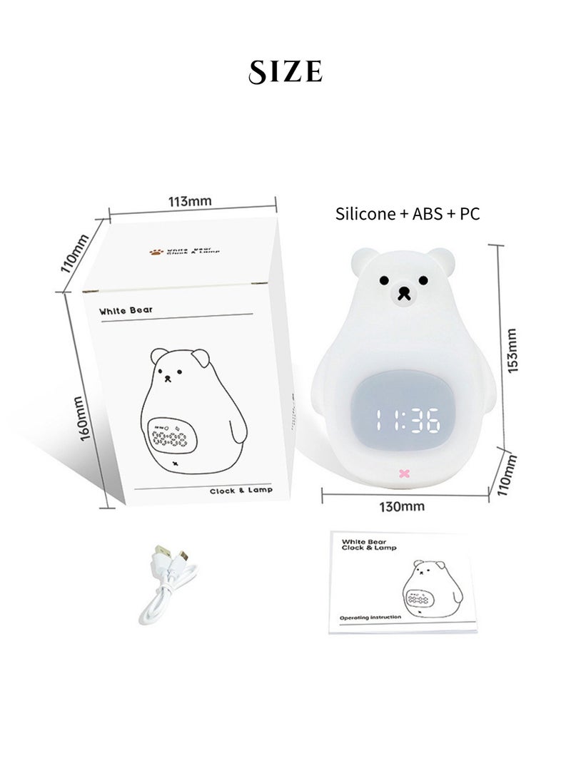 ساعة منبه على شكل دب أبيض مع ضوء ليلي LED - مصباح ساعة رقمية من السيليكون مع تحكم صوتي، إيقاظ باللمس، ضوء سرير قابل لإعادة الشحن للأطفال وغرفة النوم - Image 2