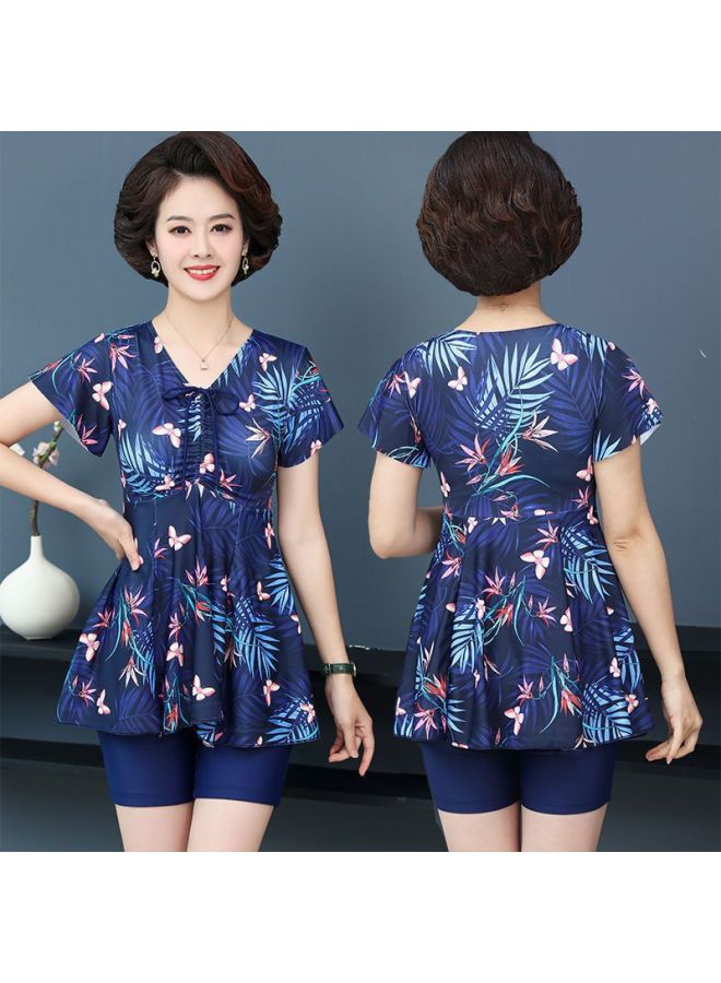 Send Swimming Cap Hot Spring Plus Size Swimming Suit Women's Split Boxer Shorts Skirt Conservative Middle-aged Mother Swimwear Fat Factory-Color:Butterfly Five Points + Swimming Cap-Size:3xl Size Recommended 67.5-80kg - Image 1