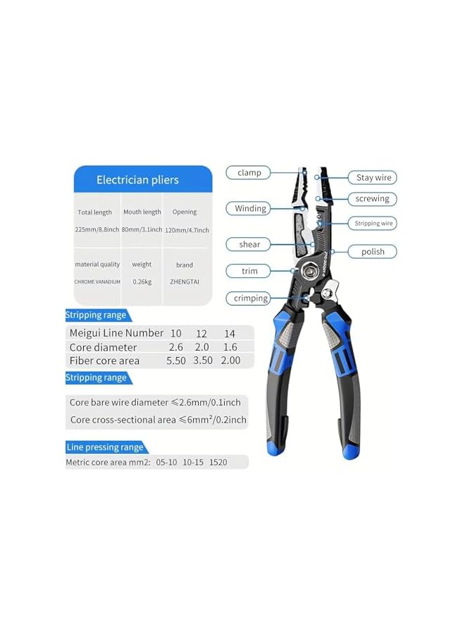 promass 9-in-1 Wire Stripper Tool, 8-Inch Multifunctional Wire Stripper Pliers, Cable Cutters, Wire Crimping Tool, C-RV Wire Stripping, Cutting, Crimping, and Shearing, Ideal for Electric Cable Work - Image 5