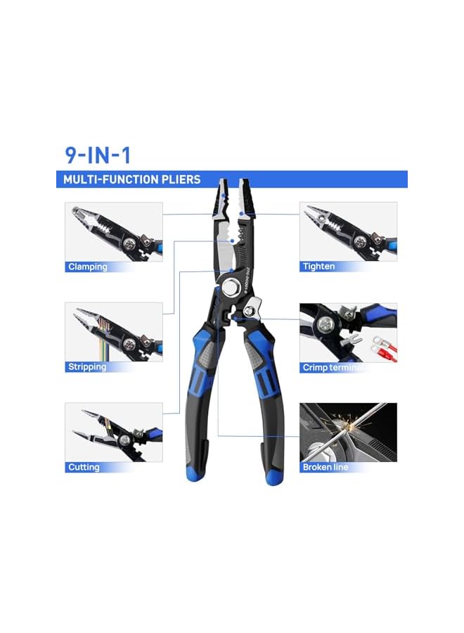 promass 9-in-1 Wire Stripper Tool, 8-Inch Multifunctional Wire Stripper Pliers, Cable Cutters, Wire Crimping Tool, C-RV Wire Stripping, Cutting, Crimping, and Shearing, Ideal for Electric Cable Work - Image 4