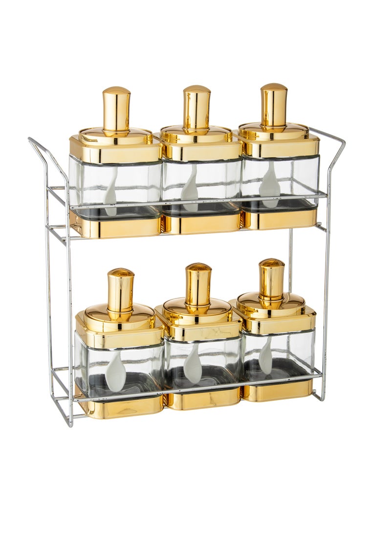 Dania A Set of 6 Glass Kitchen Storage Containers With A Plastic Lid And A Spoon Inside With A Metal Holder - Image 1