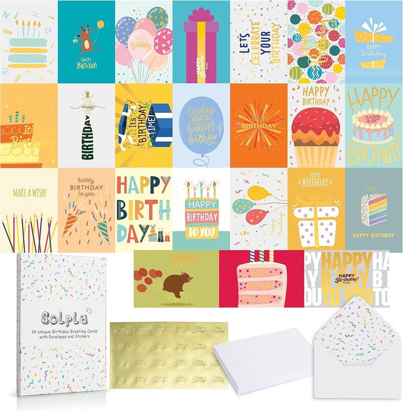 Premify 24Pcs Birthday Cards Set with Envelopes and Gold Foil Stickers - 4x6 Inches Greeting Cards for All Ages - Image 1