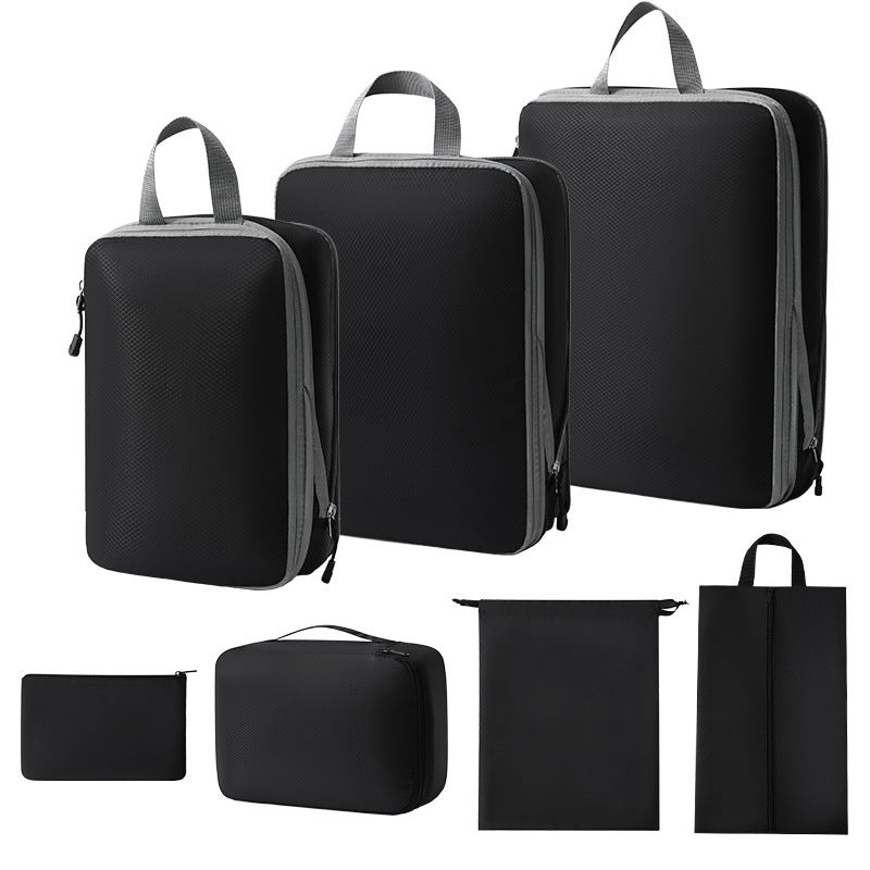 7-Piece Travel Organizer Compression SetThree-piece set + shoe bag + bra bag + flat pocket + drawstring pocket (black seven-piece set) Three-piece set + shoe bag + bra bag + flat pocket + drawstring pocket (black seven-piece set)