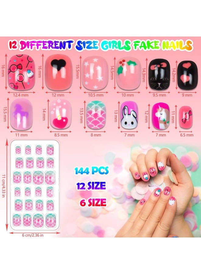 Labeol 144 Pieces Fake Nails for Kids Girls Artificial Kids Press on Nails Full Cover Short Acrylic Stick On Nails False Nail Tips Kit for Children Little Girls Nail Art Decoration (Cute Pattern) - Image 2