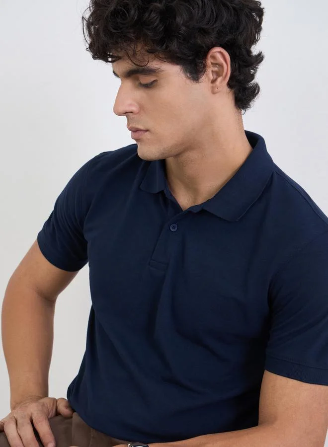 Styli Men Regular Fit Solid Pique Polo with Ribbed Collar