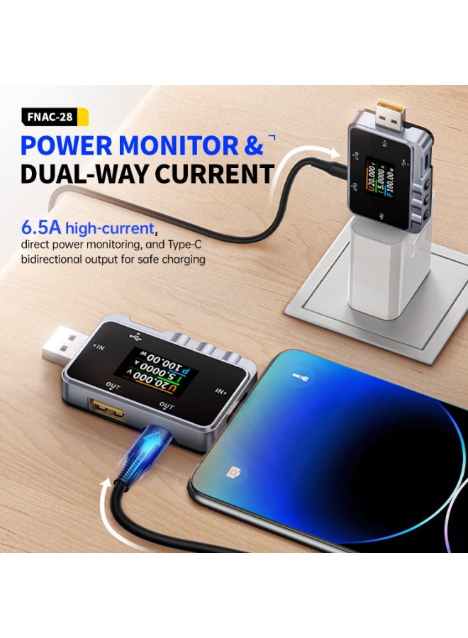 FNIRSI FNAC-28 2 in 1 Type C USB Tester, 4-24V 6.5A, LCD Voltage Current Power Tester, Digital Multimeter with Two-Way Current Detection and Data Record, QC2.0/QC3.0 USB Voltage Meter - Image 4