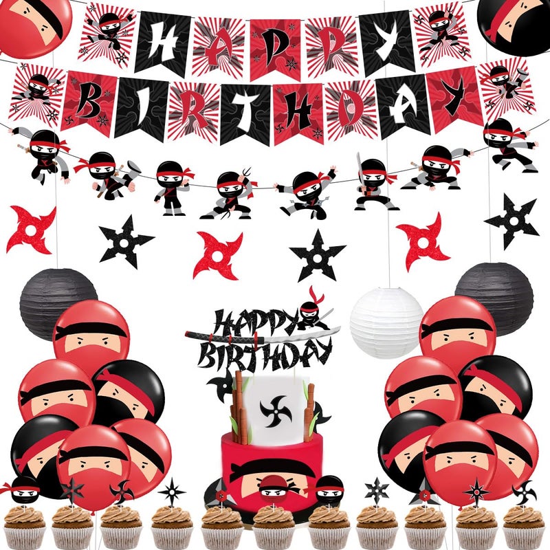 Fangleland Ninja Birthday Party Decorations Red and Black Warrior Themed Party Supplies for Boys with Ninja Happy Birthday Banner Cake Topper Sticker and Paper Lanterns - Image 2