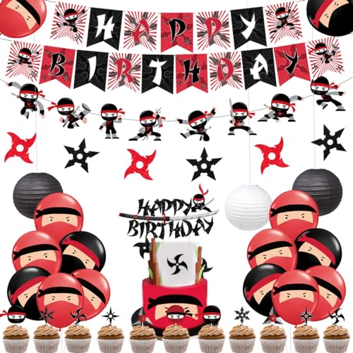 Fangleland Ninja Birthday Party Decorations Red and Black Warrior Themed Party Supplies for Boys with Ninja Happy Birthday Banner Cake Topper Sticker and Paper Lanterns - Image 1