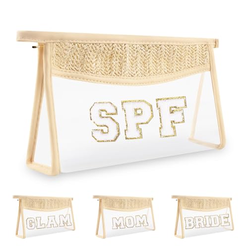 Iqimott Boho Patch SPF Bag Clear Makeup Letter Bag, Waterproof Zipper Make up Bags Toiletry Pouch for Women Girls, Clear Letter Patch Cosmetic Bags Transparent Organizer Pouch for Travel(SPF, Beige) - Image 1