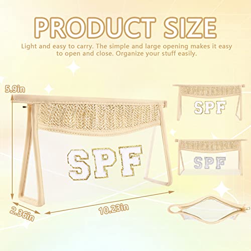 Iqimott Boho Patch SPF Bag Clear Makeup Letter Bag, Waterproof Zipper Make up Bags Toiletry Pouch for Women Girls, Clear Letter Patch Cosmetic Bags Transparent Organizer Pouch for Travel(SPF, Beige) - Image 2