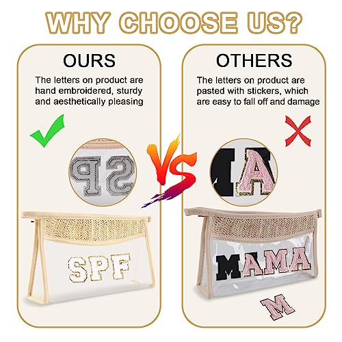 Iqimott Boho Patch SPF Bag Clear Makeup Letter Bag, Waterproof Zipper Make up Bags Toiletry Pouch for Women Girls, Clear Letter Patch Cosmetic Bags Transparent Organizer Pouch for Travel(SPF, Beige) - Image 4