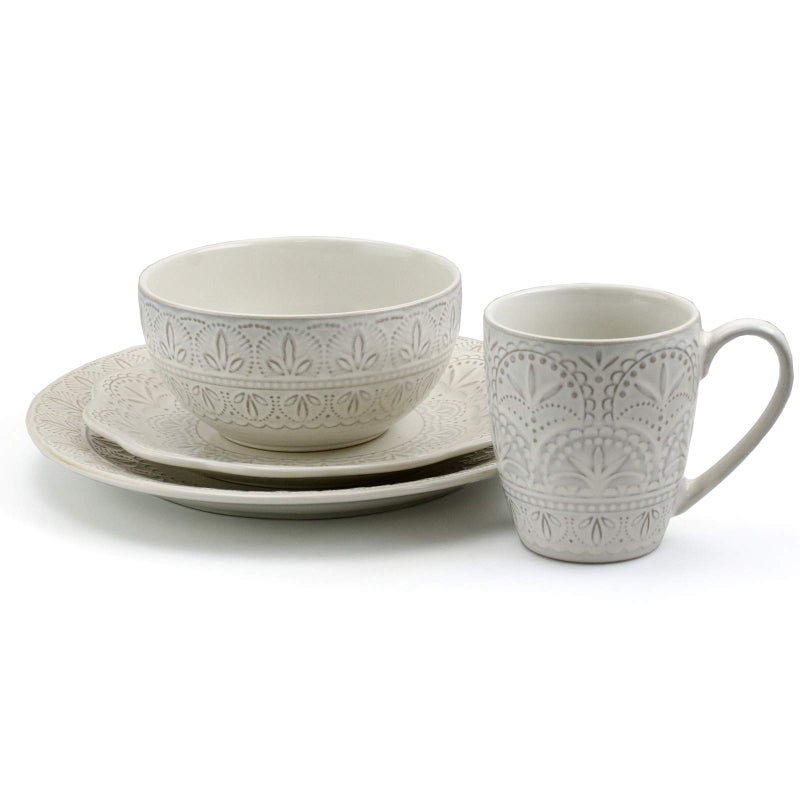 Elama White Lace 16 Piece Round Scallop Stoneware Dinnerware Set in White - Image 4