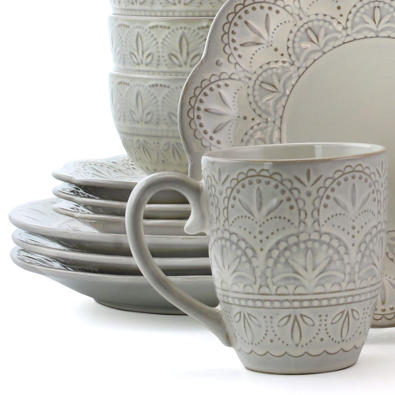 Elama White Lace 16 Piece Round Scallop Stoneware Dinnerware Set in White - Image 3