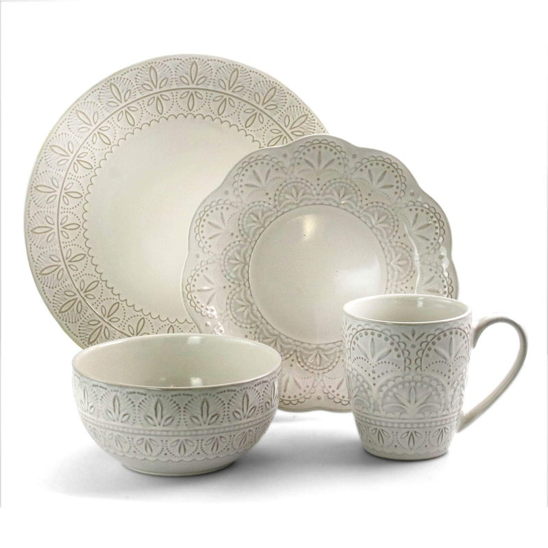 Elama White Lace 16 Piece Round Scallop Stoneware Dinnerware Set in White - Image 2