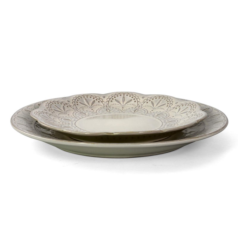 Elama White Lace 16 Piece Round Scallop Stoneware Dinnerware Set in White - Image 5