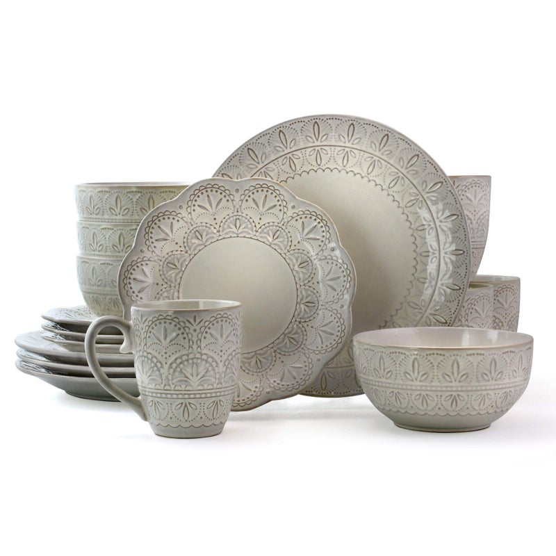 Elama White Lace 16 Piece Round Scallop Stoneware Dinnerware Set in White - Image 1