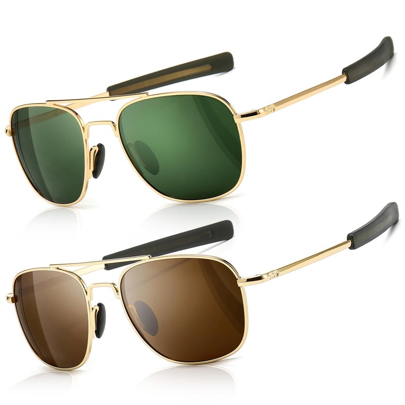 SUNGAIT Men's Military Style Polarized Pilot Aviator Sunglasses - Bayonet Temples (Gold/Dark Green + Gold/Brown) SGT285JKML-JKC - Image 1