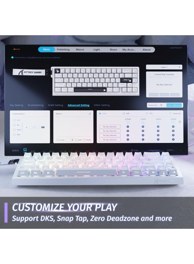 هجوم القرش لوحة مفاتيح هجوم القرش X68 HE ميكانيكية للألعاب سريع التفاعل سلكية مع تشغيل قابل للتعديل مفتاح مغناطيسي بتأثير هول، معدل استطلاع 8 كيلو هرتز، إضاءة خلفية RGB، تثبيت علوي، غطاء مفتاح مطبوع جانبي (محيط أبيض) - Image 5