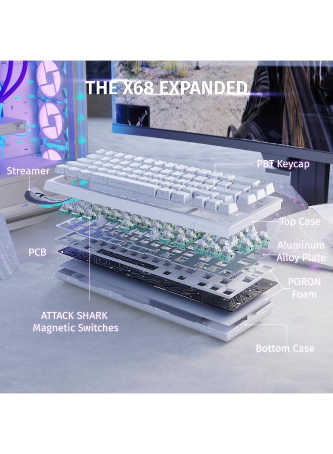 هجوم القرش لوحة مفاتيح هجوم القرش X68 HE ميكانيكية للألعاب سريع التفاعل سلكية مع تشغيل قابل للتعديل مفتاح مغناطيسي بتأثير هول، معدل استطلاع 8 كيلو هرتز، إضاءة خلفية RGB، تثبيت علوي، غطاء مفتاح مطبوع جانبي (محيط أبيض) - Image 3