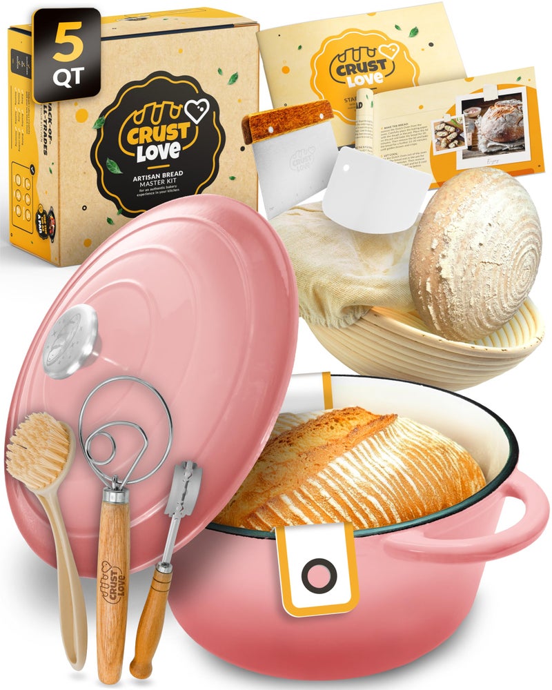 CRUSTLOVE Dutch Oven for Bread Baking - incl. Sourdough Bread-Baking Supplies like Banneton Bread-Proofing Basket - 5QT Enameled Cast Iron Bread-Oven with Lid, Baking Pan, Scoring Tool Lame - Image 1