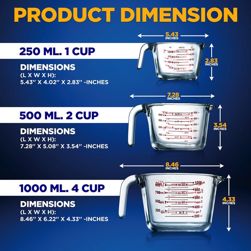 NutriChef 3 Pieces Measuring Cups - BPA-Free Premium Heat Resistant Borosilicate Glass Measuring Cups w/ Handle, Precise Measurement w/ Oz & Ml Scale, in 250ml 500ml & 1000ml, Microwave & Oven Safe - Image 2