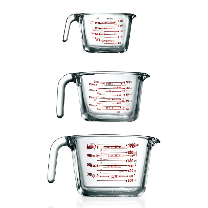 NutriChef 3 Pieces Measuring Cups - BPA-Free Premium Heat Resistant Borosilicate Glass Measuring Cups w/ Handle, Precise Measurement w/ Oz & Ml Scale, in 250ml 500ml & 1000ml, Microwave & Oven Safe - Image 1