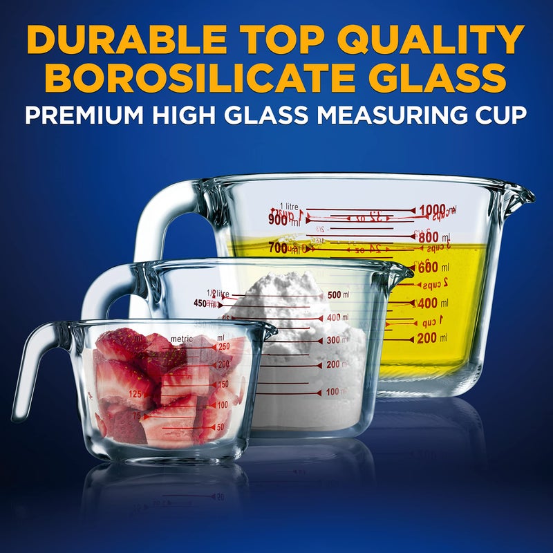 NutriChef 3 Pieces Measuring Cups - BPA-Free Premium Heat Resistant Borosilicate Glass Measuring Cups w/ Handle, Precise Measurement w/ Oz & Ml Scale, in 250ml 500ml & 1000ml, Microwave & Oven Safe - Image 3