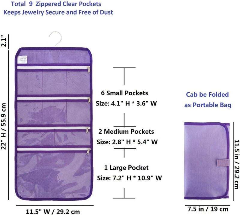 ANIZER Travel Foldable Jewelry Rolls Bag Hanging Jewelry Organizer with 9 Zippered Clear Pockets Storage Pouch with Rotatable Hanger (PURPLE) - Image 2