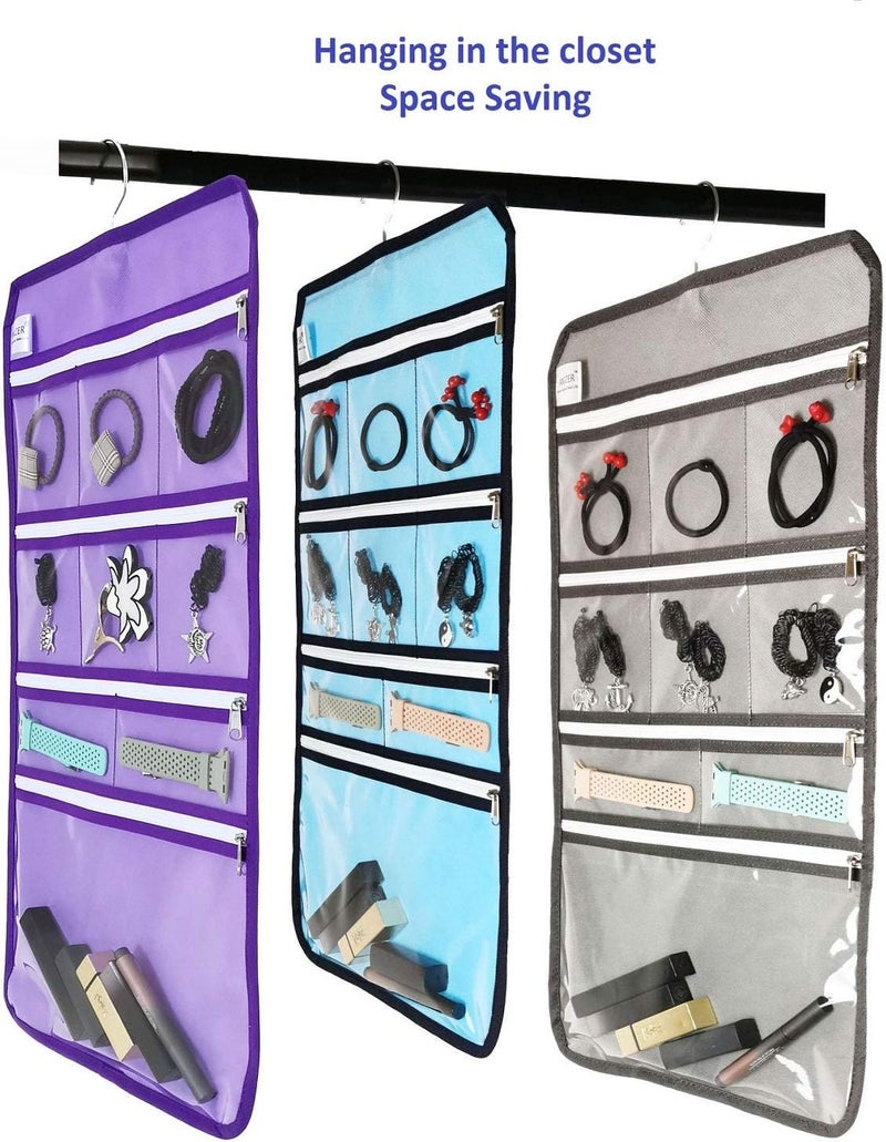 ANIZER Travel Foldable Jewelry Rolls Bag Hanging Jewelry Organizer with 9 Zippered Clear Pockets Storage Pouch with Rotatable Hanger (PURPLE) - Image 3