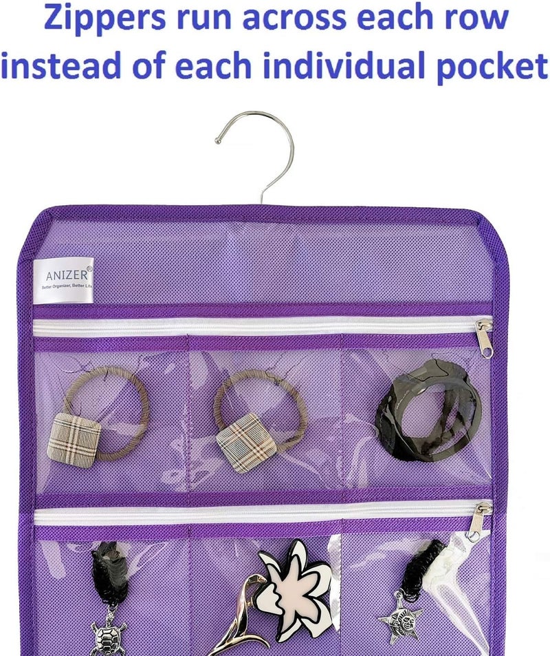 ANIZER Travel Foldable Jewelry Rolls Bag Hanging Jewelry Organizer with 9 Zippered Clear Pockets Storage Pouch with Rotatable Hanger (PURPLE) - Image 5