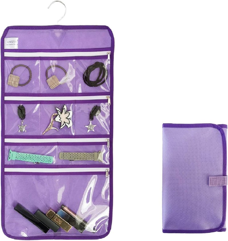 ANIZER Travel Foldable Jewelry Rolls Bag Hanging Jewelry Organizer with 9 Zippered Clear Pockets Storage Pouch with Rotatable Hanger (PURPLE) - Image 1