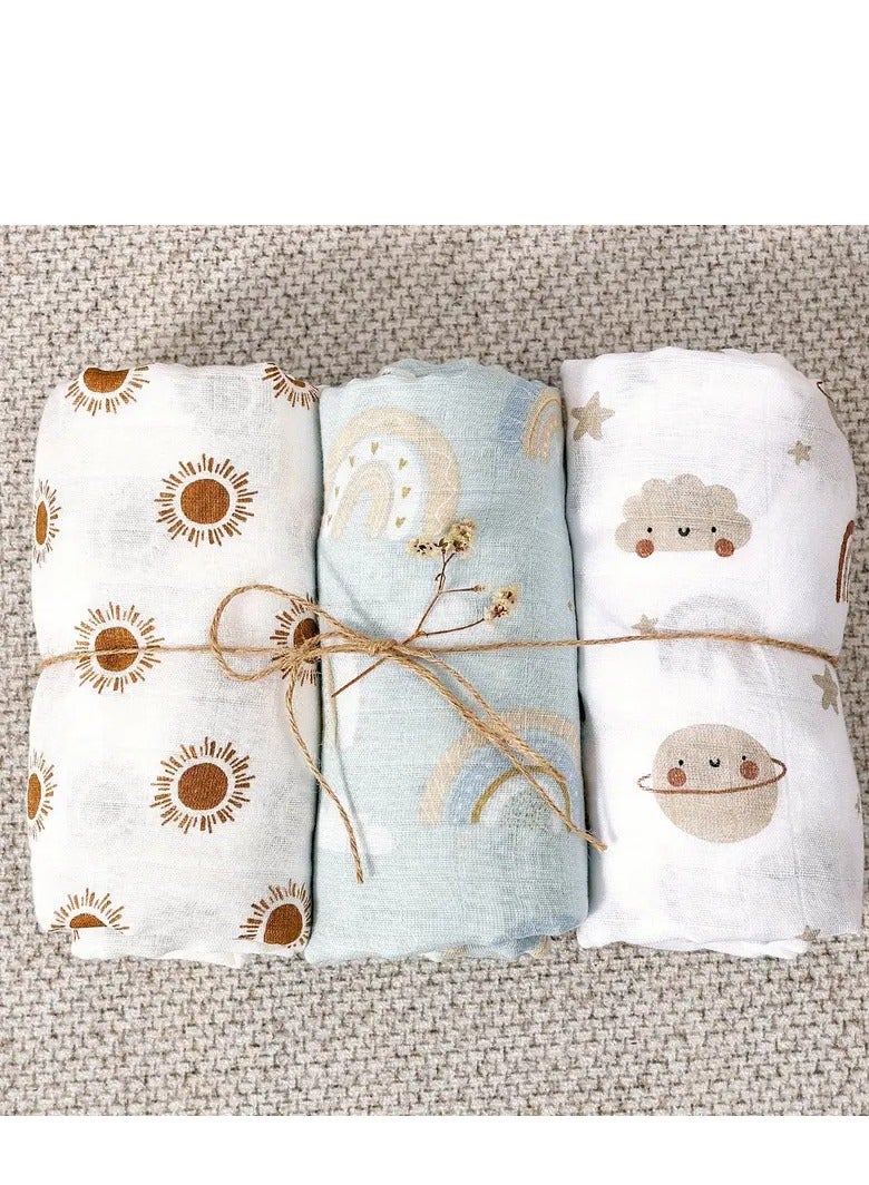 KangoKids 3pcs/Set Double Layer Muslin Blanket Receiving Blanket Swaddle wrap for Boys and Girls Soft Muslin Baby Swaddle Blankets Pastel Colors, Hand Wash Only, Perfect for Newborns & Infants, Infant Comfort, Whimsical Design  - Image 1