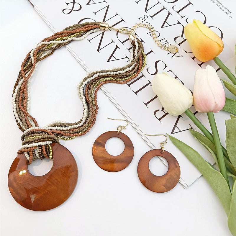 Coiris Multi Strand Statement Colorful Beaded Necklace with Big Circle Shell Pendant for Women - Image 3