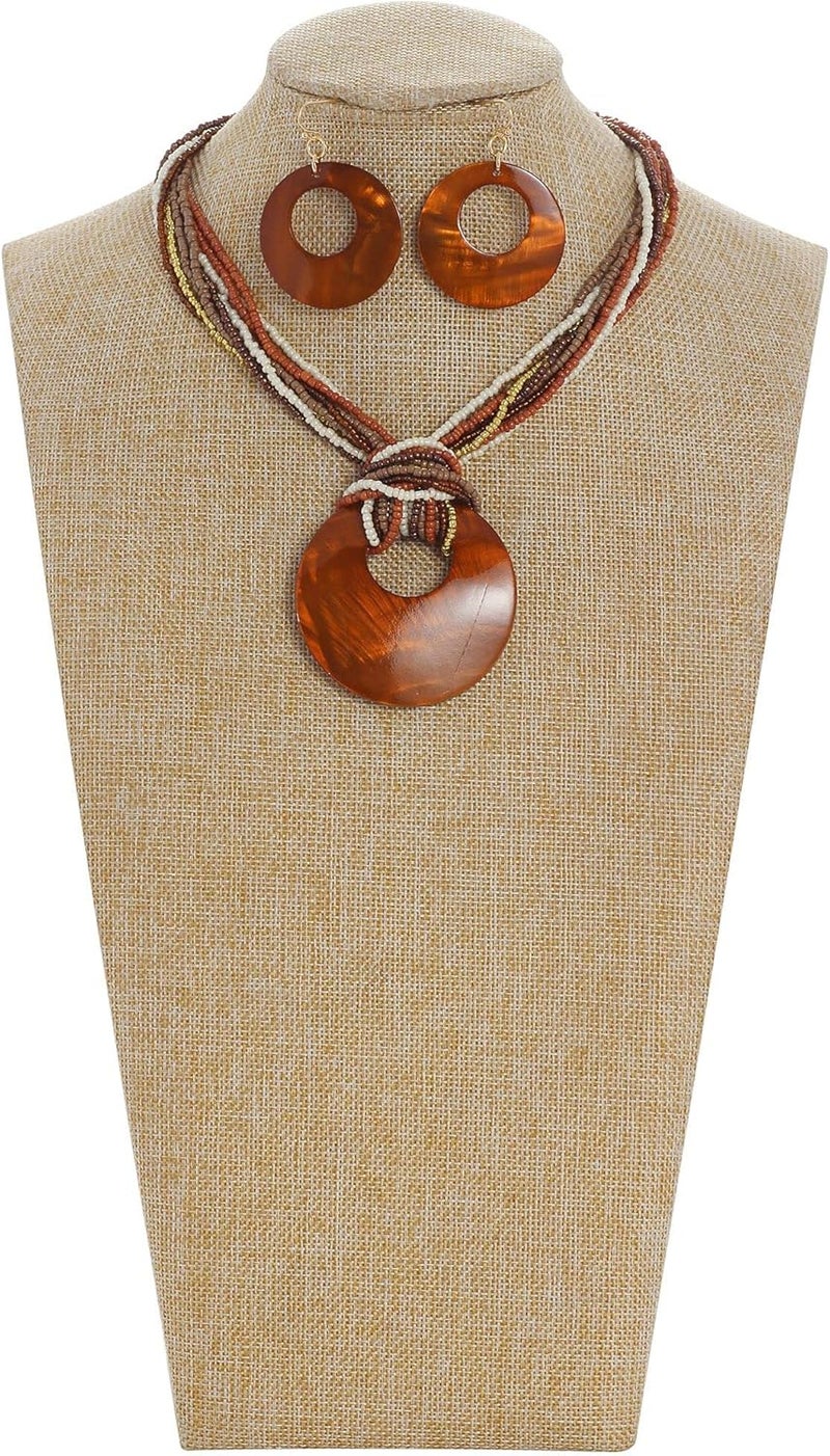 Coiris Multi Strand Statement Colorful Beaded Necklace with Big Circle Shell Pendant for Women - Image 2